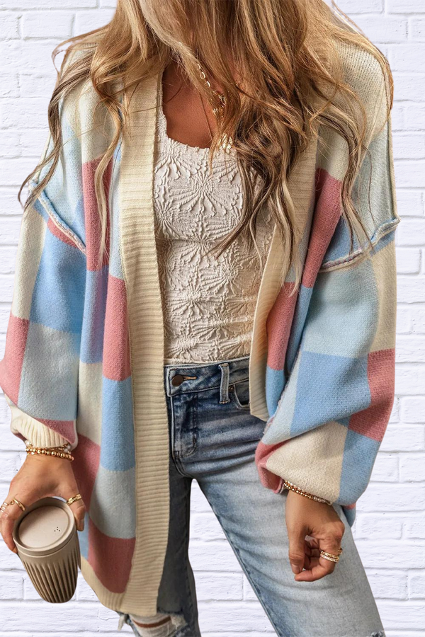 Color Block Open Front Long Sleeve Cardigan