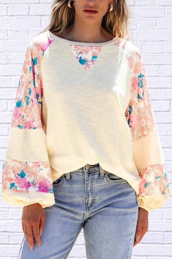 Printed Round Neck Balloon Sleeve Blouse