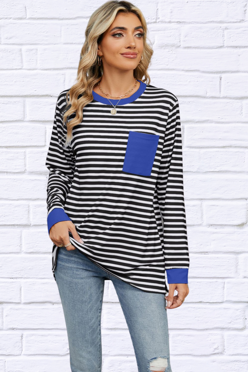 Pocketed Striped Round Neck Long Sleeve T-Shirt