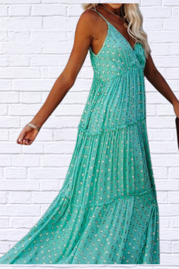 Green Sleeveless V-neck Pleated Dress