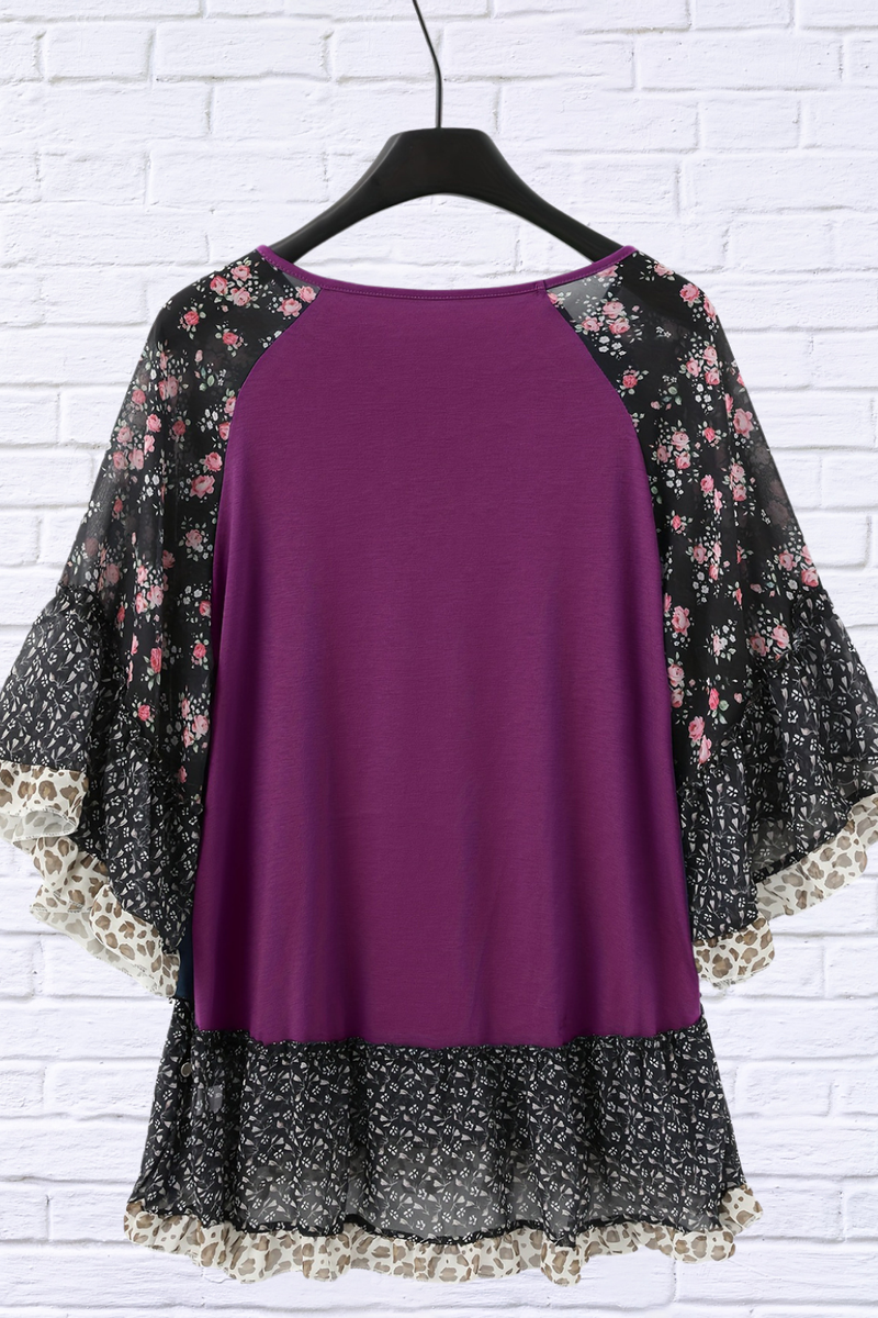 Full Size Frill Printed Round Neck Half Sleeve Blouse