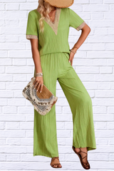 Green V-Neck Short Sleeve Top and Pants Set