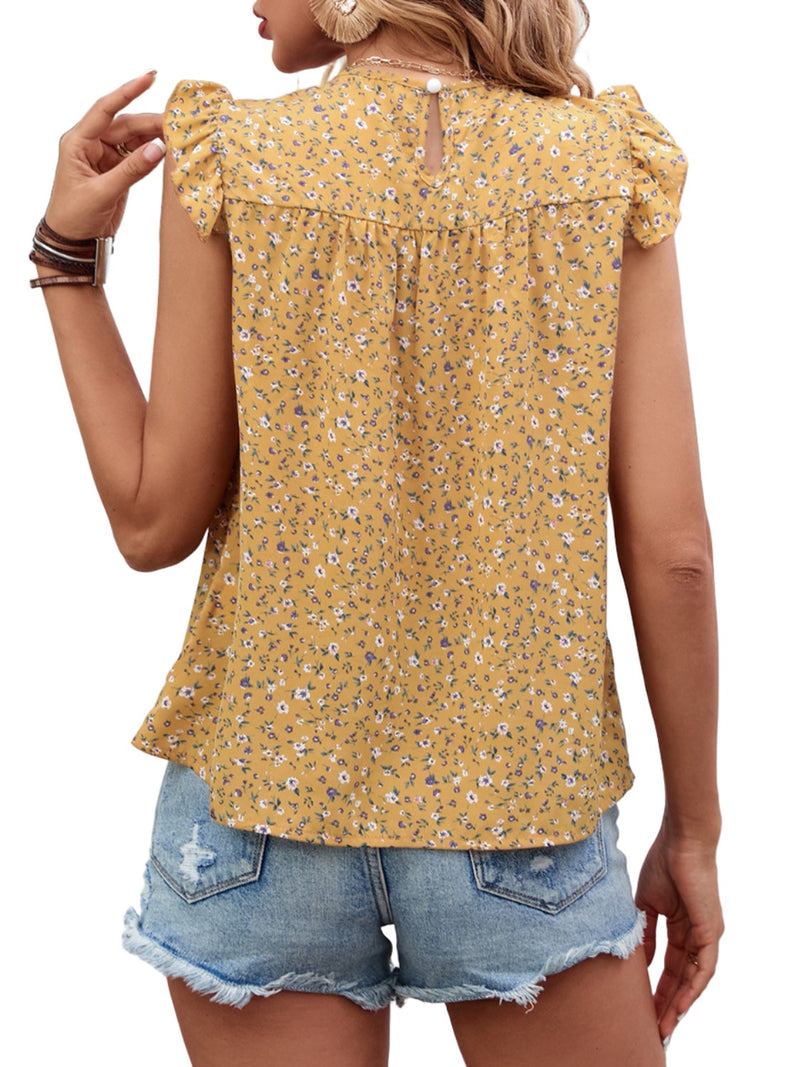 Ruffled Printed Round Neck Cap Sleeve Blouse