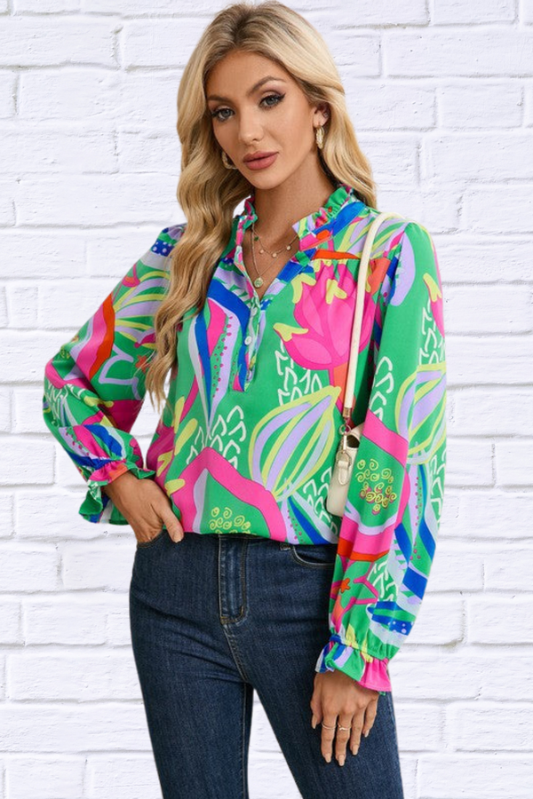 Abstract Ruffled Sleeve Buttoned V Neck Blouse