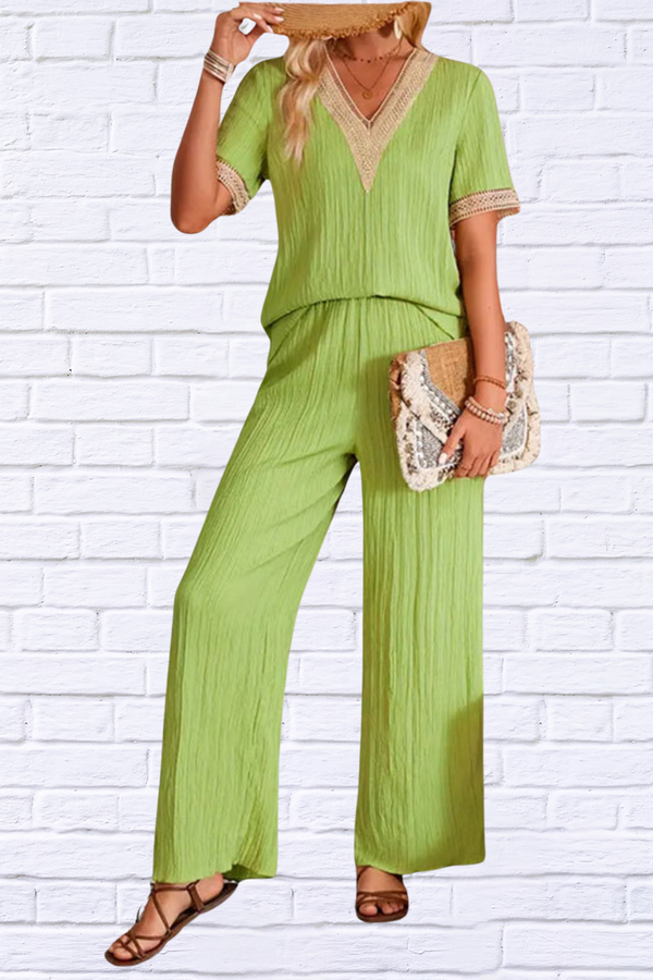 Green V-Neck Short Sleeve Top and Pants Set