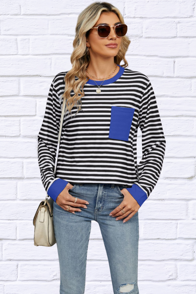 Pocketed Striped Round Neck Long Sleeve T-Shirt