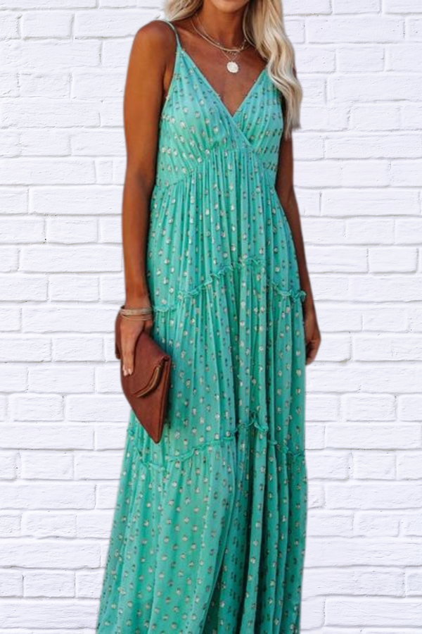 Green Sleeveless V-neck Pleated Dress