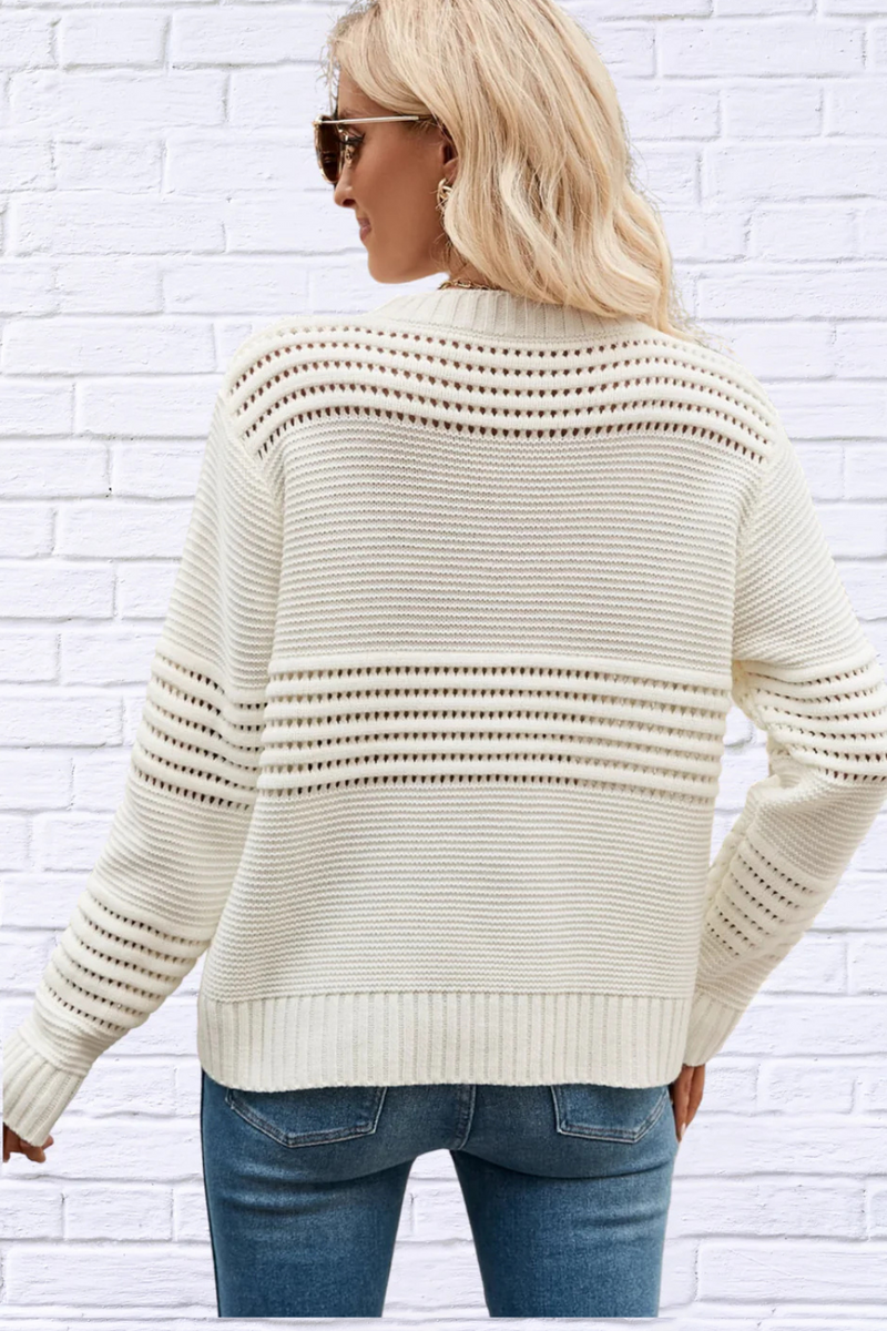 Round Neck Openwork Long Sleeve Pullover Sweater