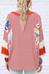 Striped Floral Patchwork Round Neck Top