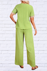 Green V-Neck Short Sleeve Top and Pants Set