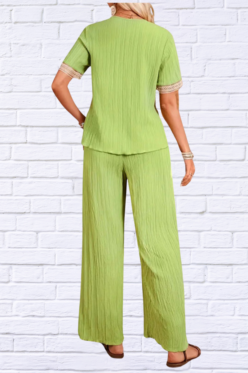 Green V-Neck Short Sleeve Top and Pants Set