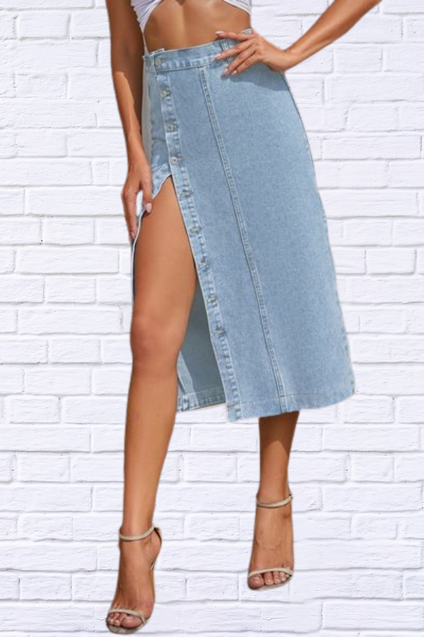 Button Irregular Split Denim High Waist Half-Body Skirt