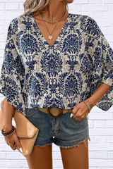 Printed V-Neck Three-Quarter Sleeve Blouse