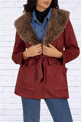 Fuzzy Collared Neck Tie Waist Jacket