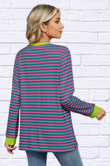 Pocketed Striped Round Neck Long Sleeve T-Shirt