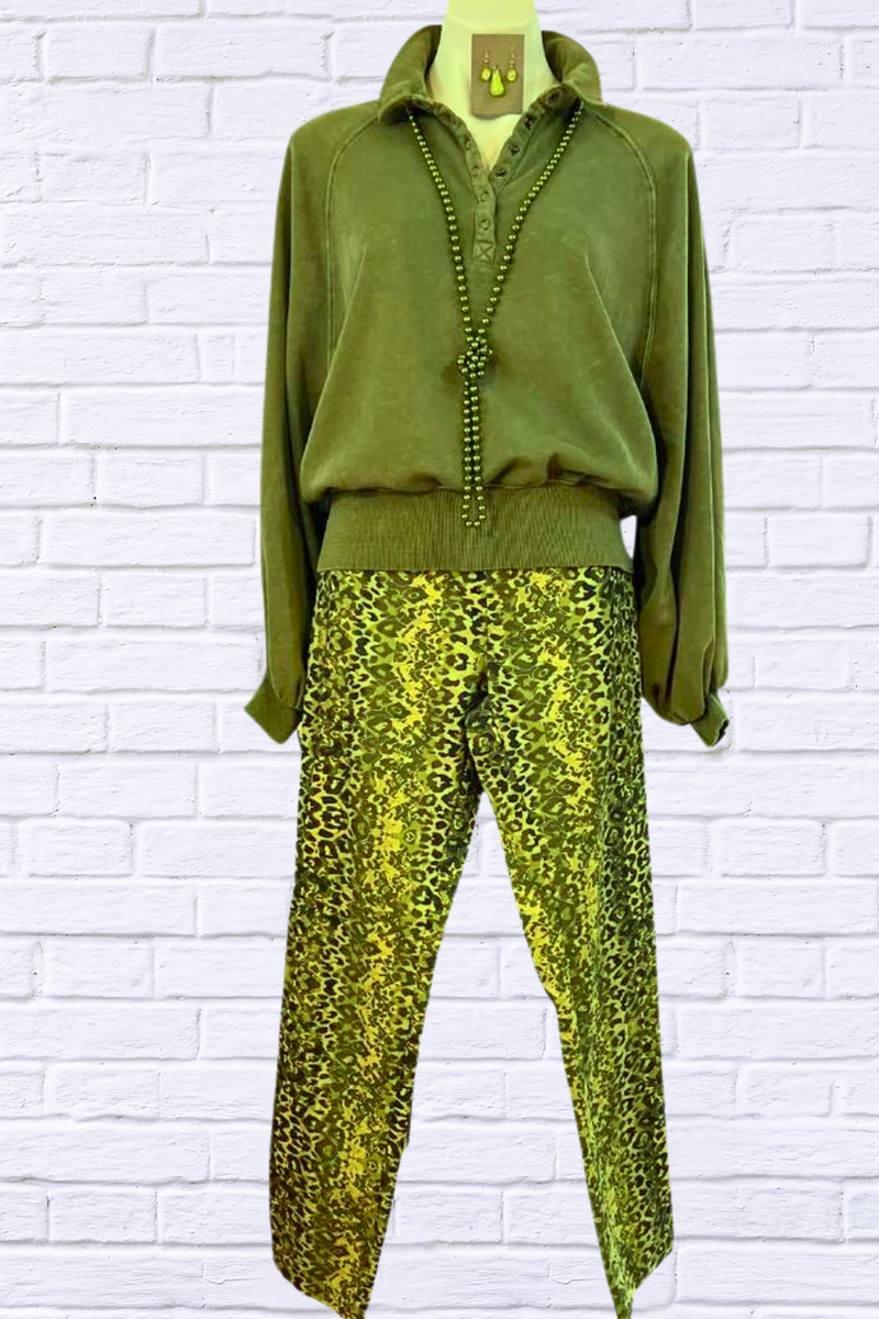 Lime Green Animal Print  And Cheron Print Flat Front Cotten Sateen Pant