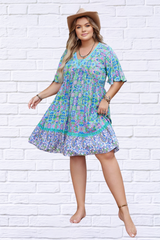 Plus Size Ruffled Hem Lace Detail Printed Half Sleeve Dress