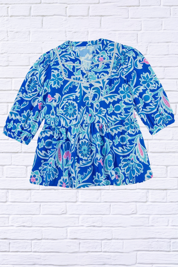 Printed Peacock Blue Notched Three-Quarter Sleeve Blouse