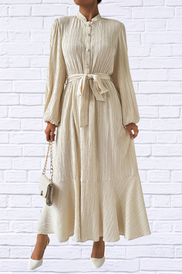 Tied Button Up Balloon Sleeve Dress