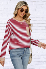 Pocketed Striped Round Neck Long Sleeve T-Shirt