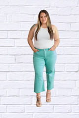 Island Green Crop Chloe Full Size Tummy Control High Waist Raw Hem Jeans