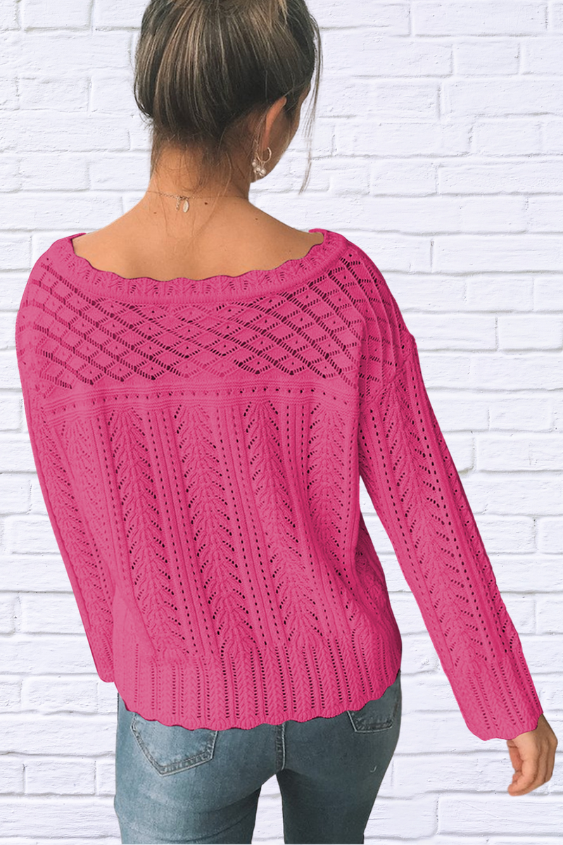 Openwork Round Neck Long Sleeve Knit Top