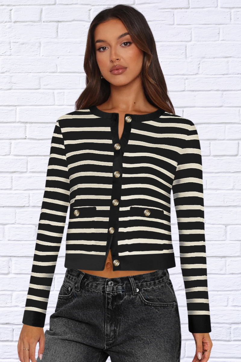 Striped Round Neck Button Up Long Sleeve Cardigan