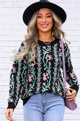 Delicate  Flower Round Neck Long Sleeve Sweater