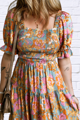 Smocked Printed Short Sleeve Dress