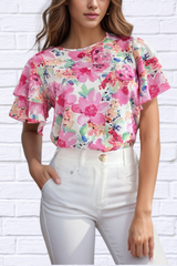 Floral Round Neck Flutter Sleeve Blouse