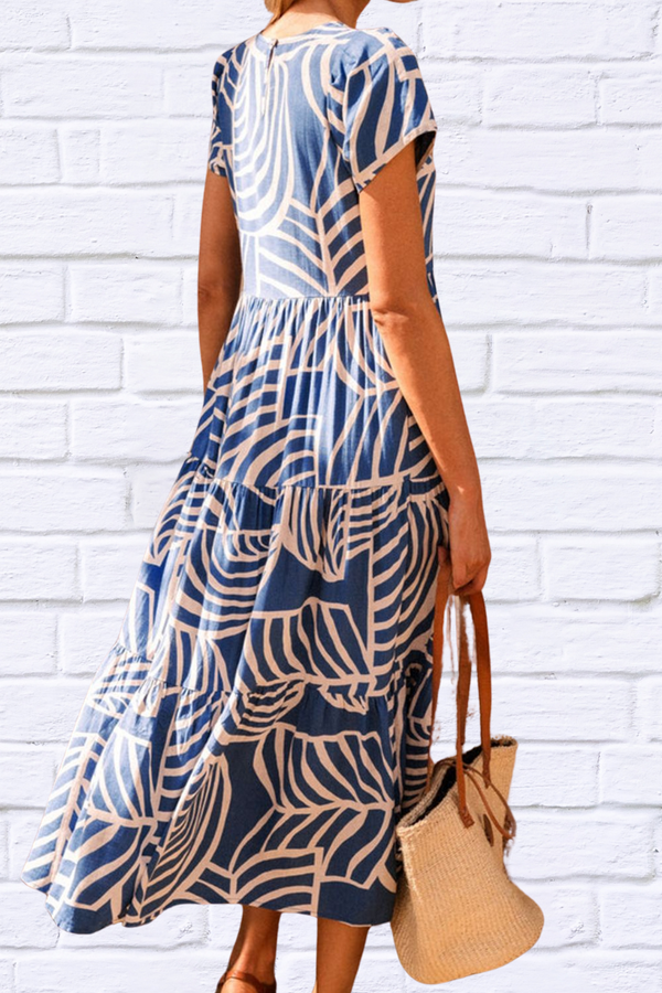 Tiered Printed Round Neck Short Sleeve Dress