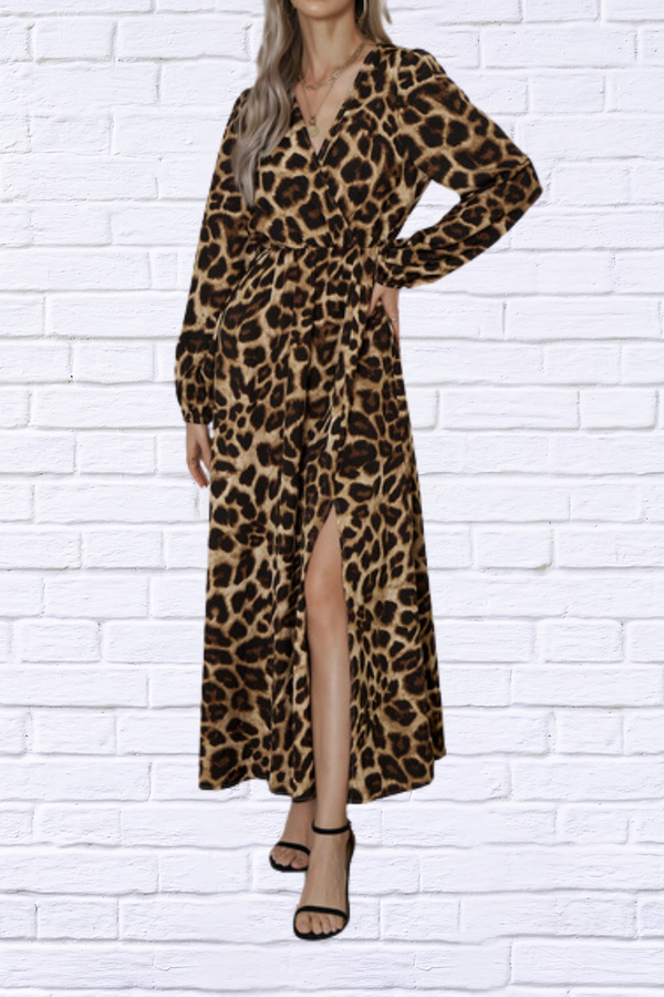 Women's Dress Ladies Elegant V-neck Leopard Print Slit Dress