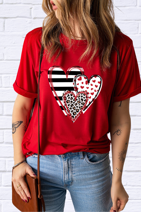 Hearts Center Front Round Neck Short Sleeve T-Shirt