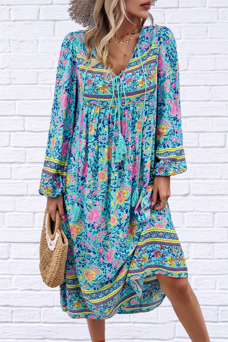 Devine Tassel Tied Printed Long Sleeve Dress