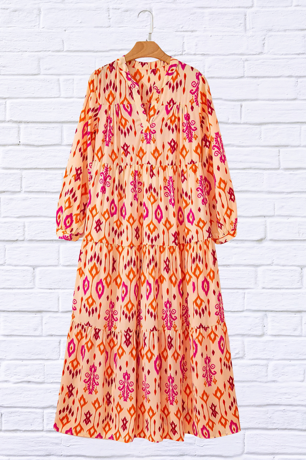 Tiered Printed Notched Long Sleeve Midi Dress