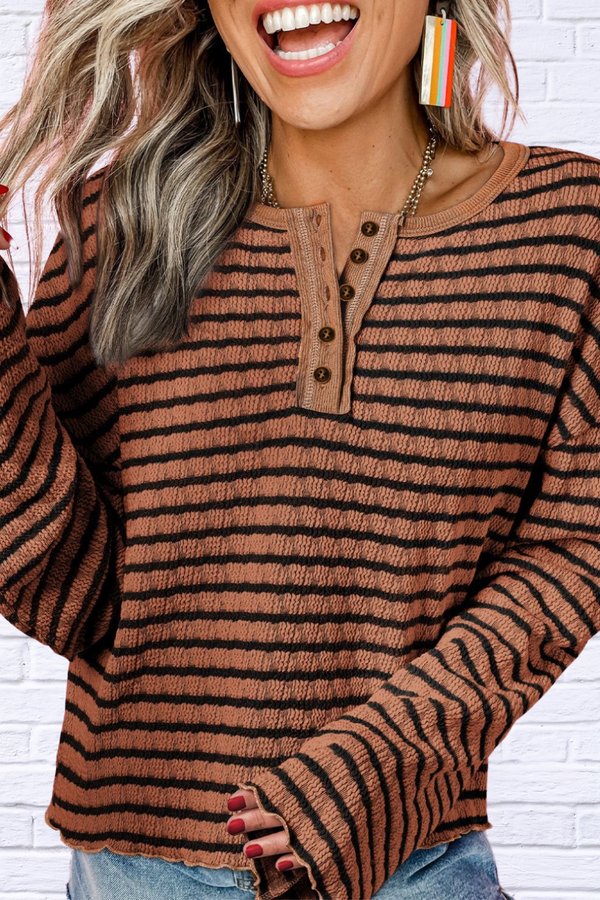 Caramel Striped Half Button Long Sleeve Blouse