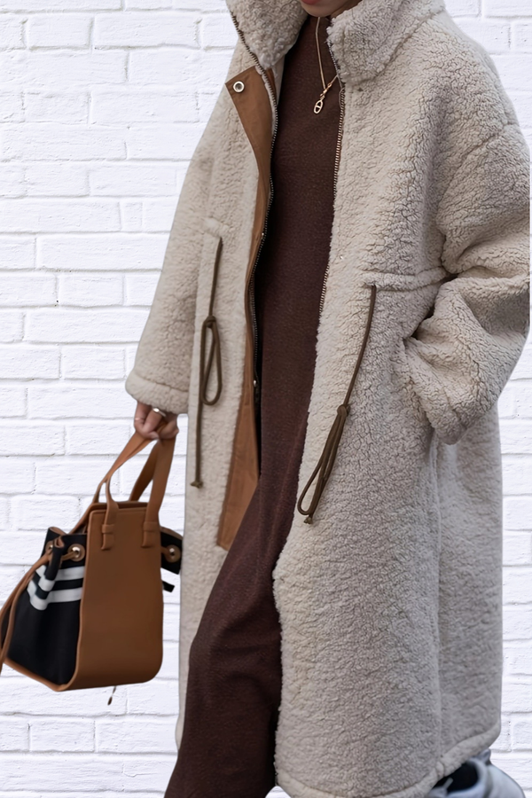 Plus Size Beige Drawstring Zip Up Turtleneck Sherpa Coat