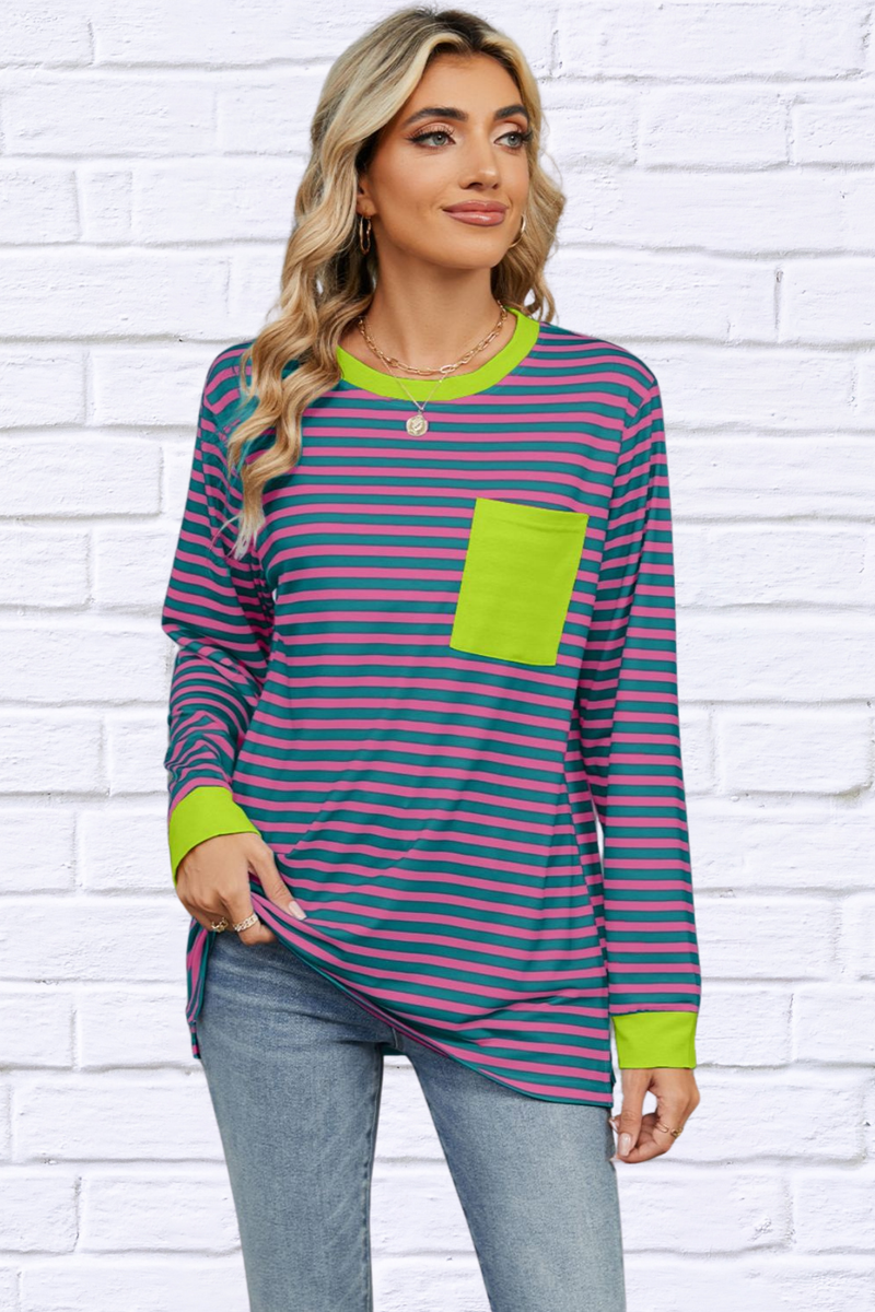 Pocketed Striped Round Neck Long Sleeve T-Shirt