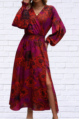 Split Printed Surplice Long Sleeve Midi Dress