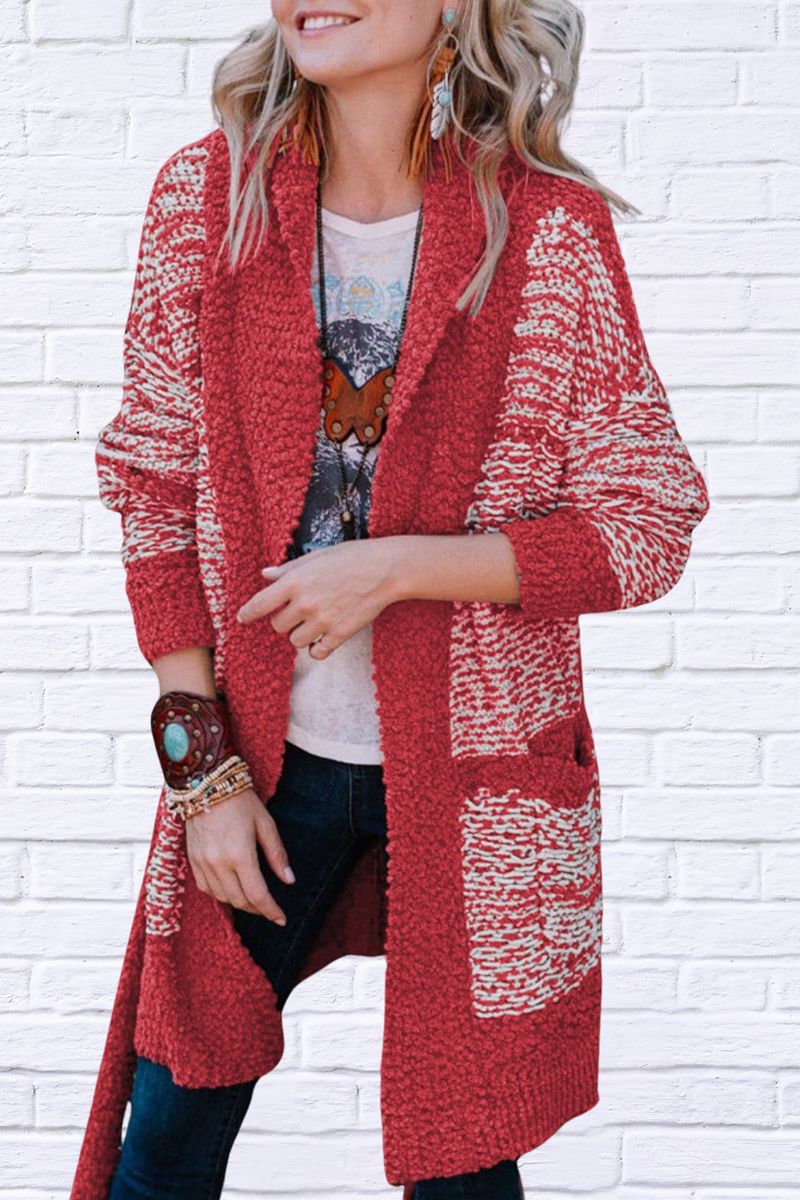 Contrast Red and White Trim Open Front Longline Cardigan