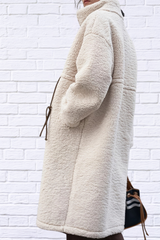 Plus Size Beige Drawstring Zip Up Turtleneck Sherpa Coat