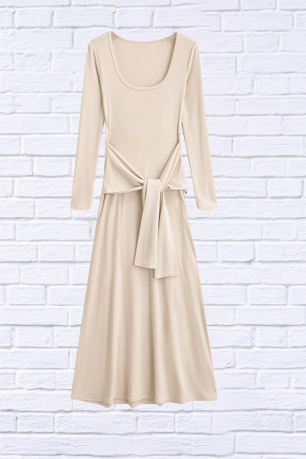 Tied Scoop Neck Long Sleeve Maxi Dress