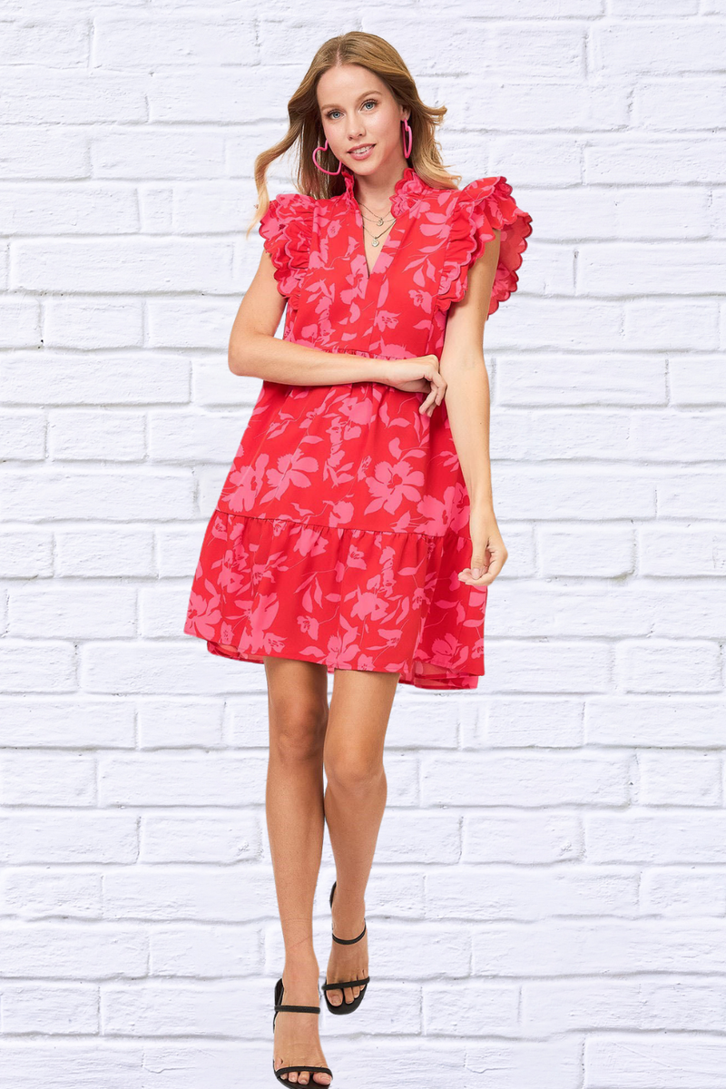 Full Size Two Tone Red and Pink Floral Print Ruffle Cap Sleeve Mini Dress Plus Size