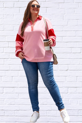 Plus Size Color Block Johnny Collar Long Sleeve Sweatshirt