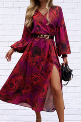 Split Printed Surplice Long Sleeve Midi Dress