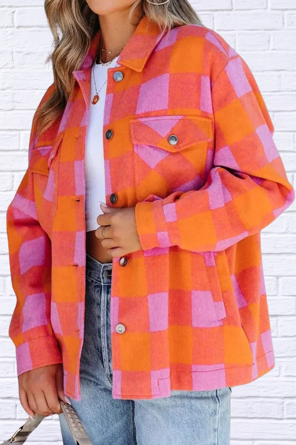 Color Block Plaid Button Up Long Sleeve Jacket