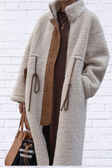 Plus Size Beige Drawstring Zip Up Turtleneck Sherpa Coat