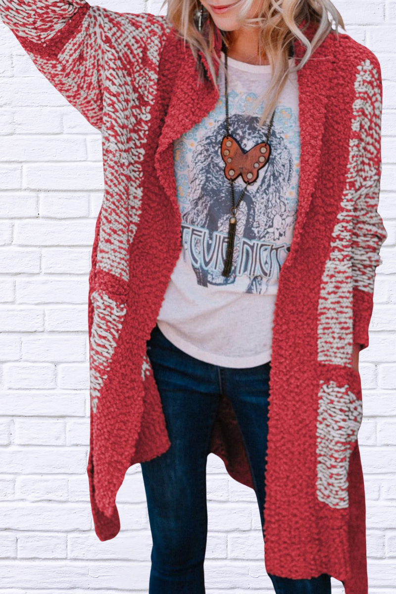 Contrast Red and White Trim Open Front Longline Cardigan