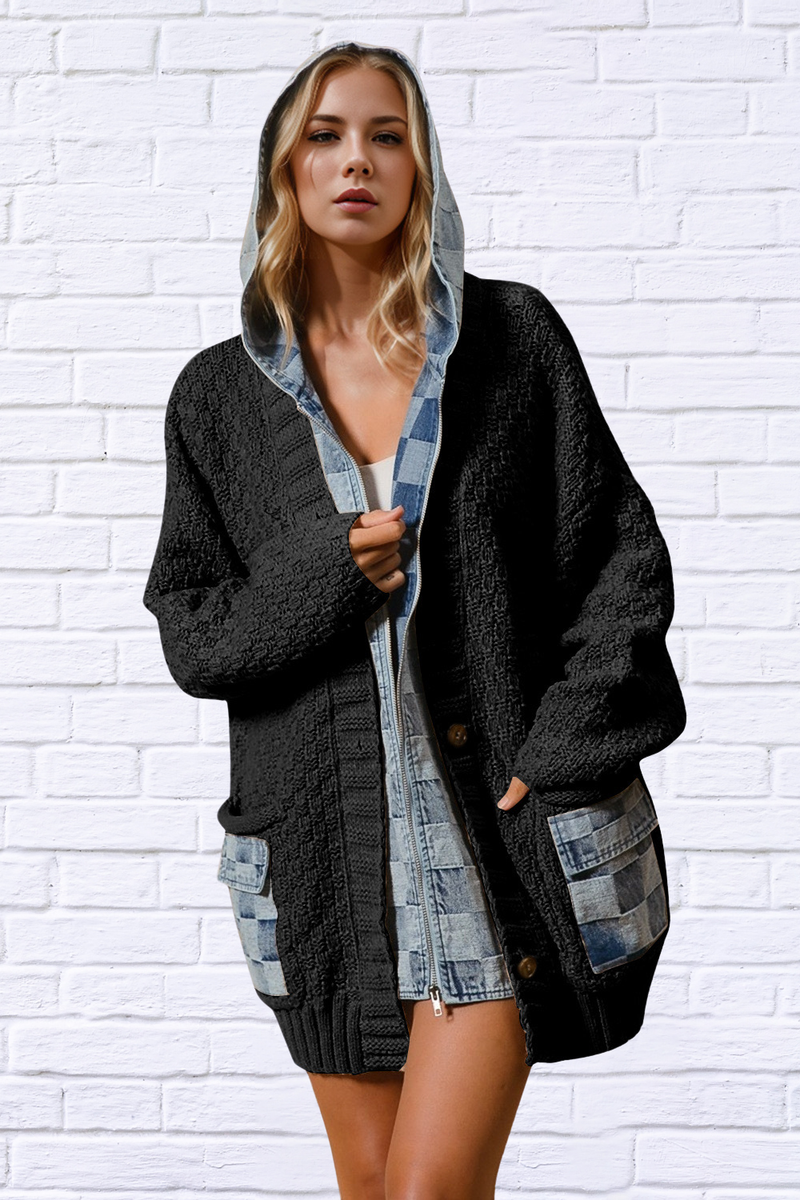 Full Size Hooded Denim Spliced Sweater Cardigan