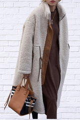 Plus Size Beige Drawstring Zip Up Turtleneck Sherpa Coat